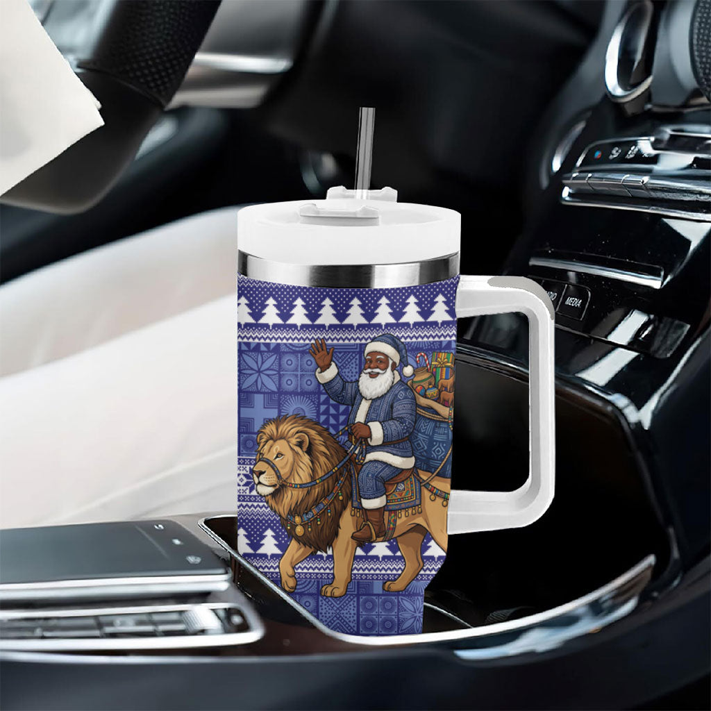 Nigeria Christmas Santa West African Lion Tumbler With Handle Adire Indigo Resist Dye Motifs