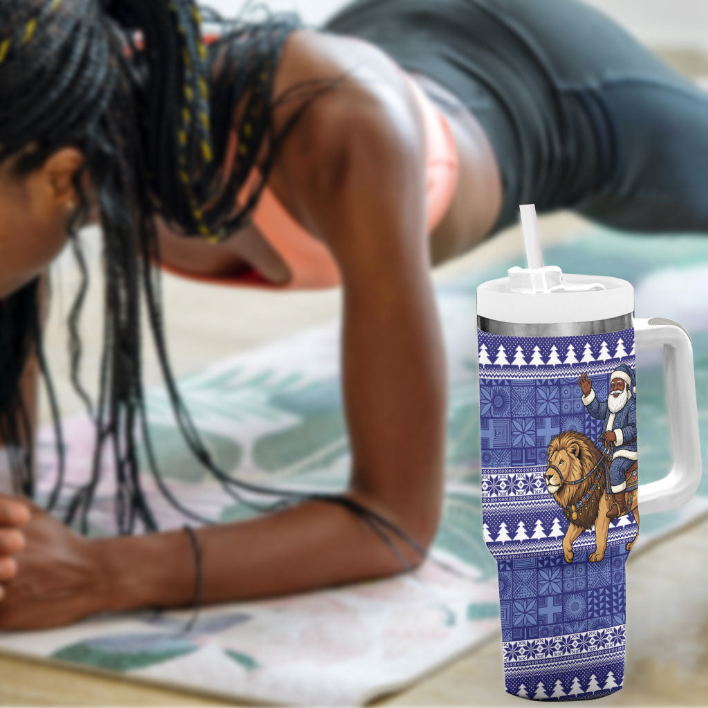 Nigeria Christmas Santa West African Lion Tumbler With Handle Adire Indigo Resist Dye Motifs