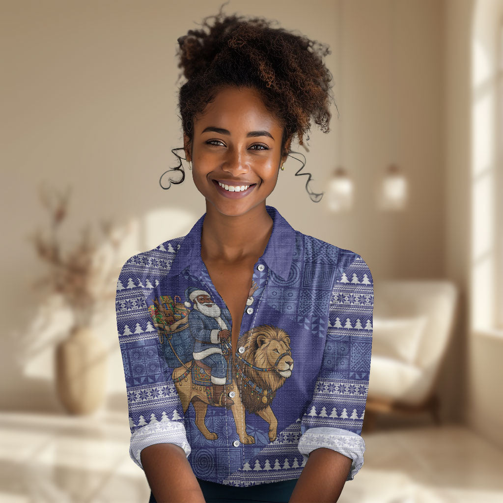 Nigeria Christmas Santa West African Lion Women Casual Shirt Adire Indigo Resist Dye Motifs