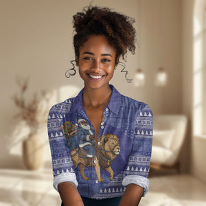 Nigeria Christmas Santa West African Lion Women Casual Shirt Adire Indigo Resist Dye Motifs