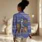 Nigeria Christmas Santa West African Lion Women Casual Shirt Adire Indigo Resist Dye Motifs