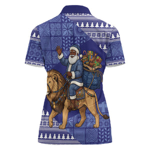 Nigeria Christmas Santa West African Lion Women Polo Shirt Adire Indigo Resist Dye Motifs