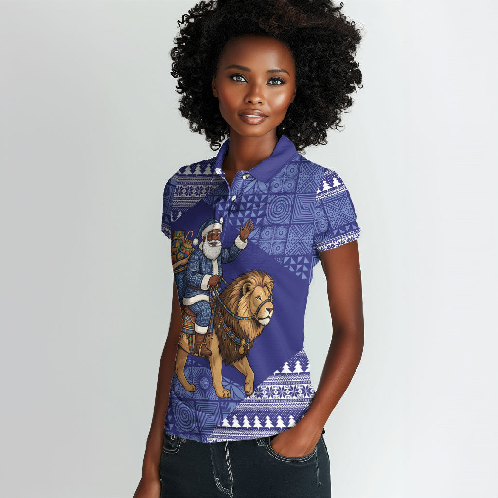 Nigeria Christmas Santa West African Lion Women Polo Shirt Adire Indigo Resist Dye Motifs