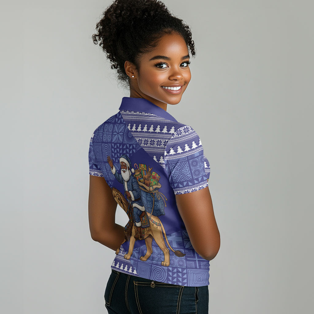 Nigeria Christmas Santa West African Lion Women Polo Shirt Adire Indigo Resist Dye Motifs