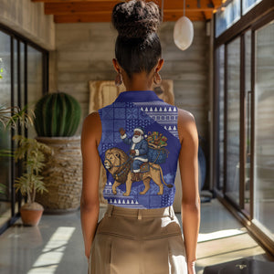 Nigeria Christmas Santa West African Lion Women Sleeveless Polo Shirt Adire Indigo Resist Dye Motifs