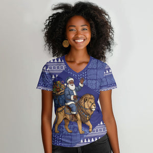 Nigeria Christmas Santa West African Lion Women V-Neck T-Shirt Adire Indigo Resist Dye Motifs