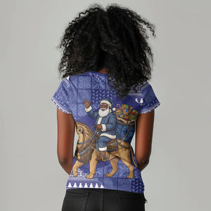 Nigeria Christmas Santa West African Lion Women V-Neck T-Shirt Adire Indigo Resist Dye Motifs