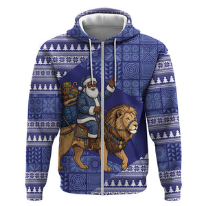 Nigeria Christmas Santa West African Lion Zip Hoodie Adire Indigo Resist Dye Motifs