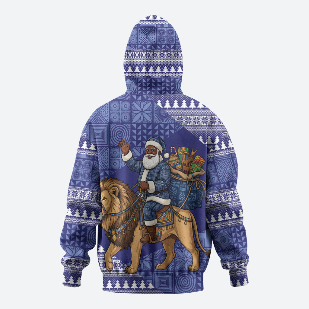 Nigeria Christmas Santa West African Lion Zip Hoodie Adire Indigo Resist Dye Motifs