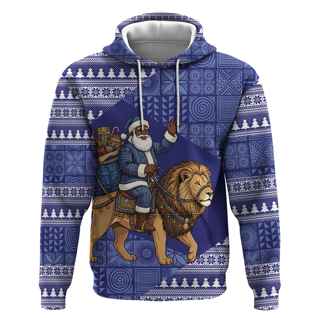Nigeria Christmas Santa West African Lion Zip Hoodie Adire Indigo Resist Dye Motifs
