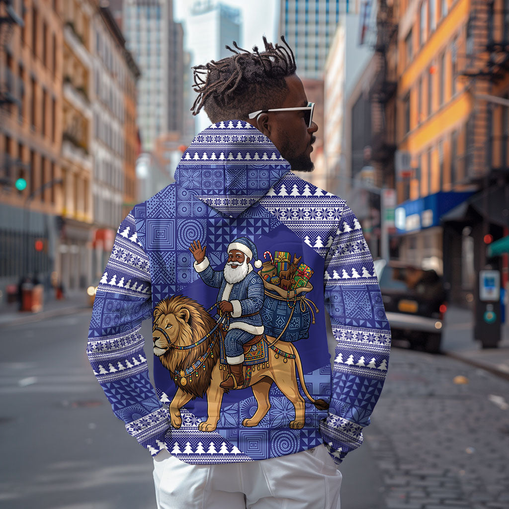 Nigeria Christmas Santa West African Lion Zip Hoodie Adire Indigo Resist Dye Motifs