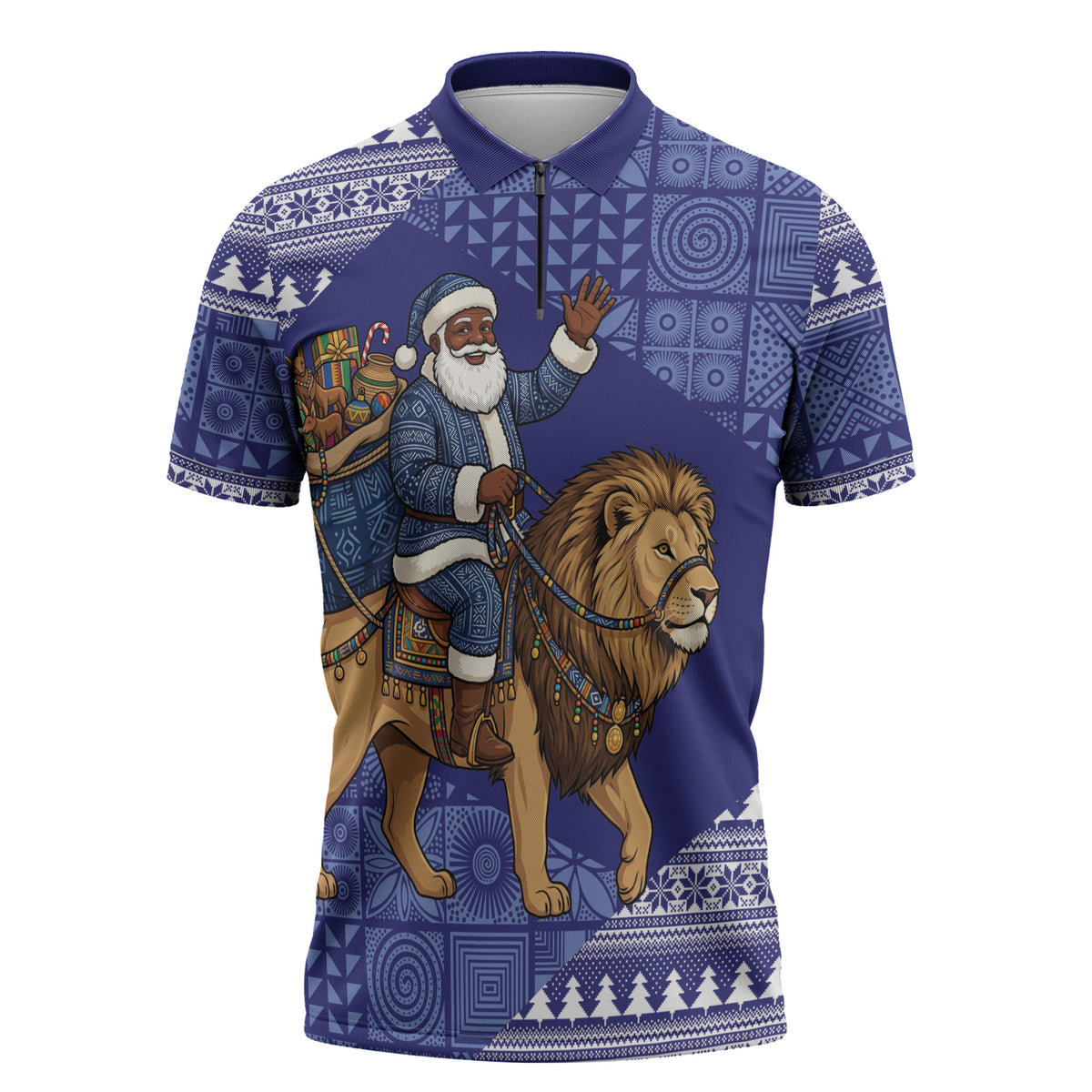 Nigeria Christmas Santa West African Lion Zipper Polo Shirt Adire Indigo Resist Dye Motifs