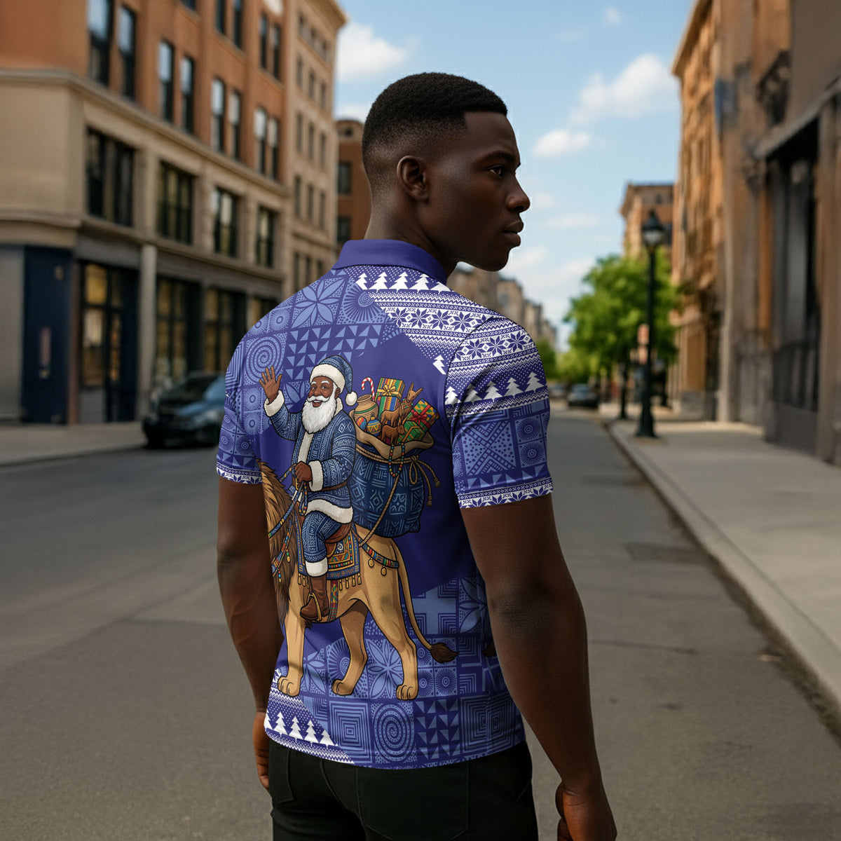 Nigeria Christmas Santa West African Lion Zipper Polo Shirt Adire Indigo Resist Dye Motifs