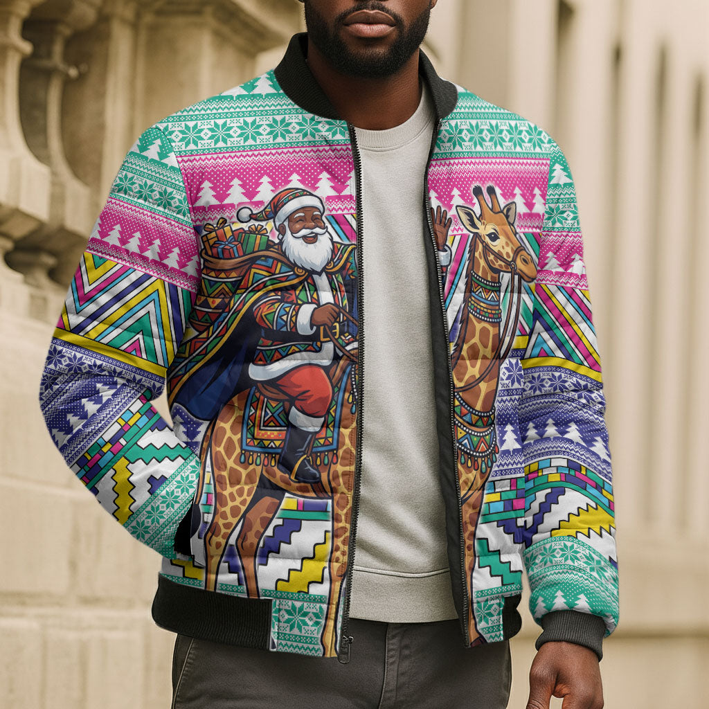 South Africa Christmas Santa Giraffe Bomber Puffer Jacket Ndebele Geometric Patterns