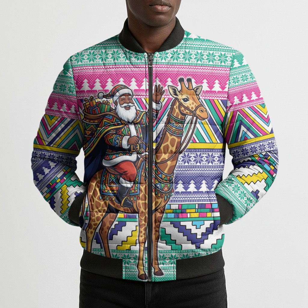 South Africa Christmas Santa Giraffe Bomber Puffer Jacket Ndebele Geometric Patterns
