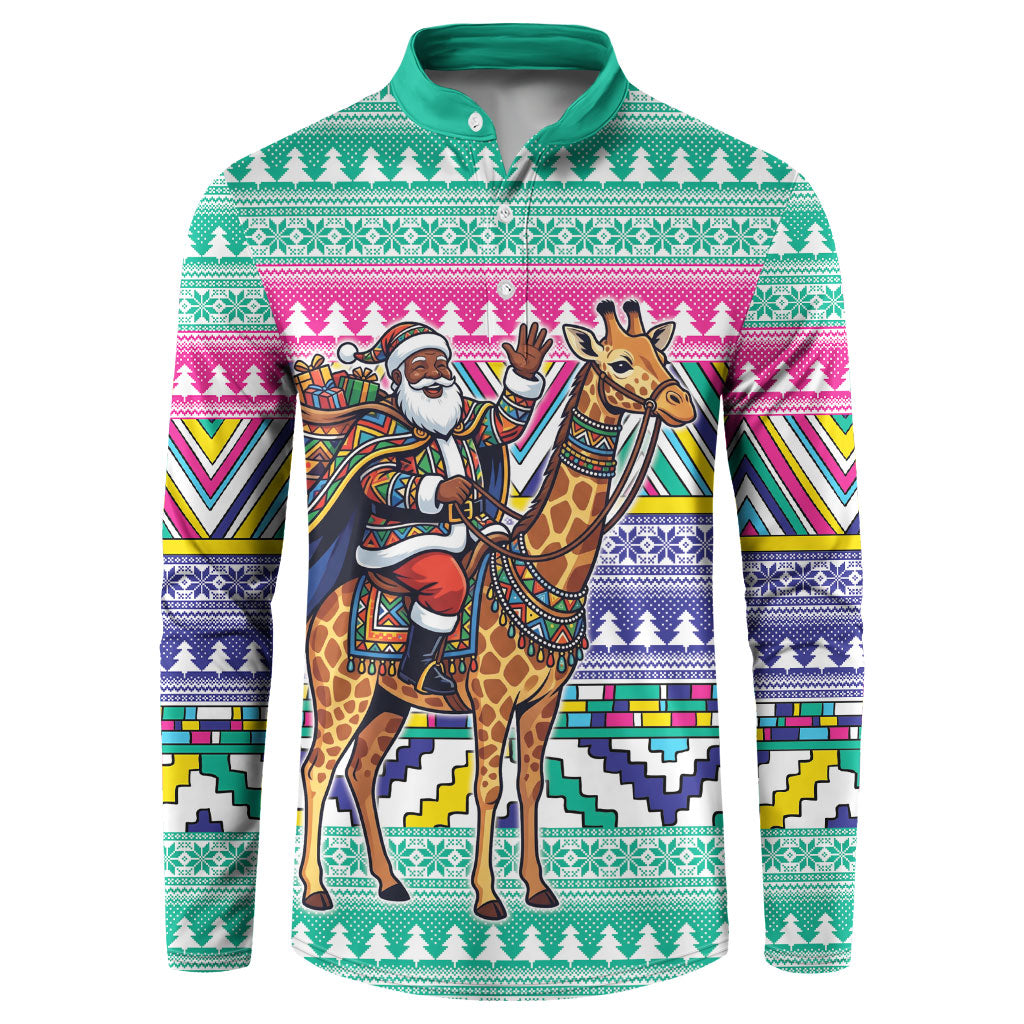 South Africa Christmas Santa Giraffe Button Sweatshirt Ndebele Geometric Patterns