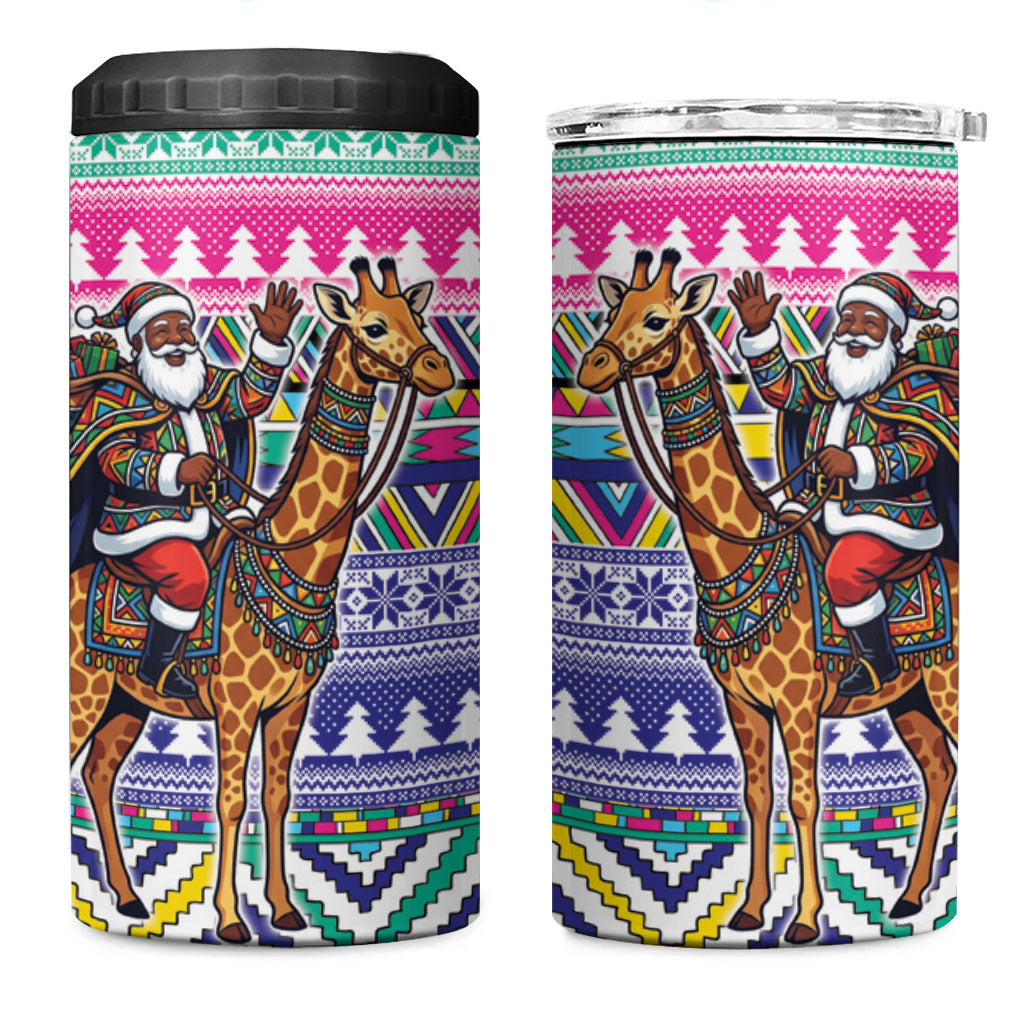 South Africa Christmas Santa Giraffe 4 in 1 Can Cooler Tumbler Ndebele Geometric Patterns