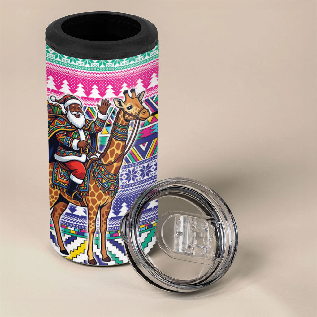 South Africa Christmas Santa Giraffe 4 in 1 Can Cooler Tumbler Ndebele Geometric Patterns