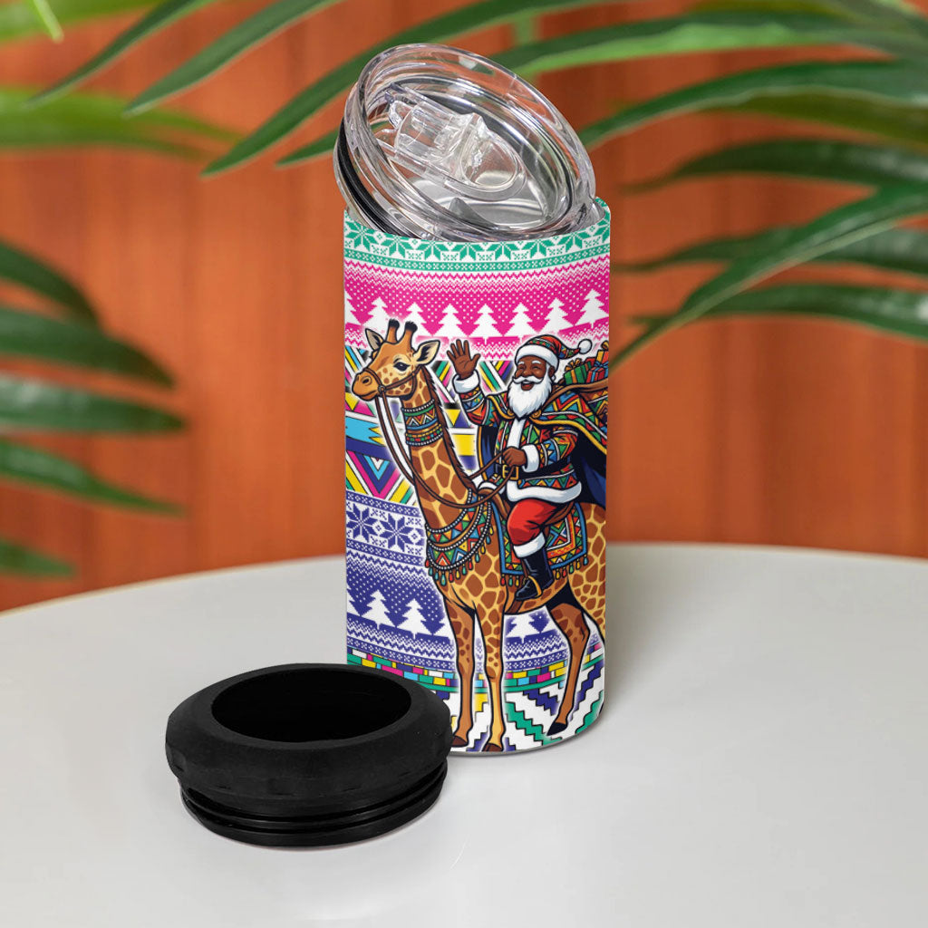 South Africa Christmas Santa Giraffe 4 in 1 Can Cooler Tumbler Ndebele Geometric Patterns