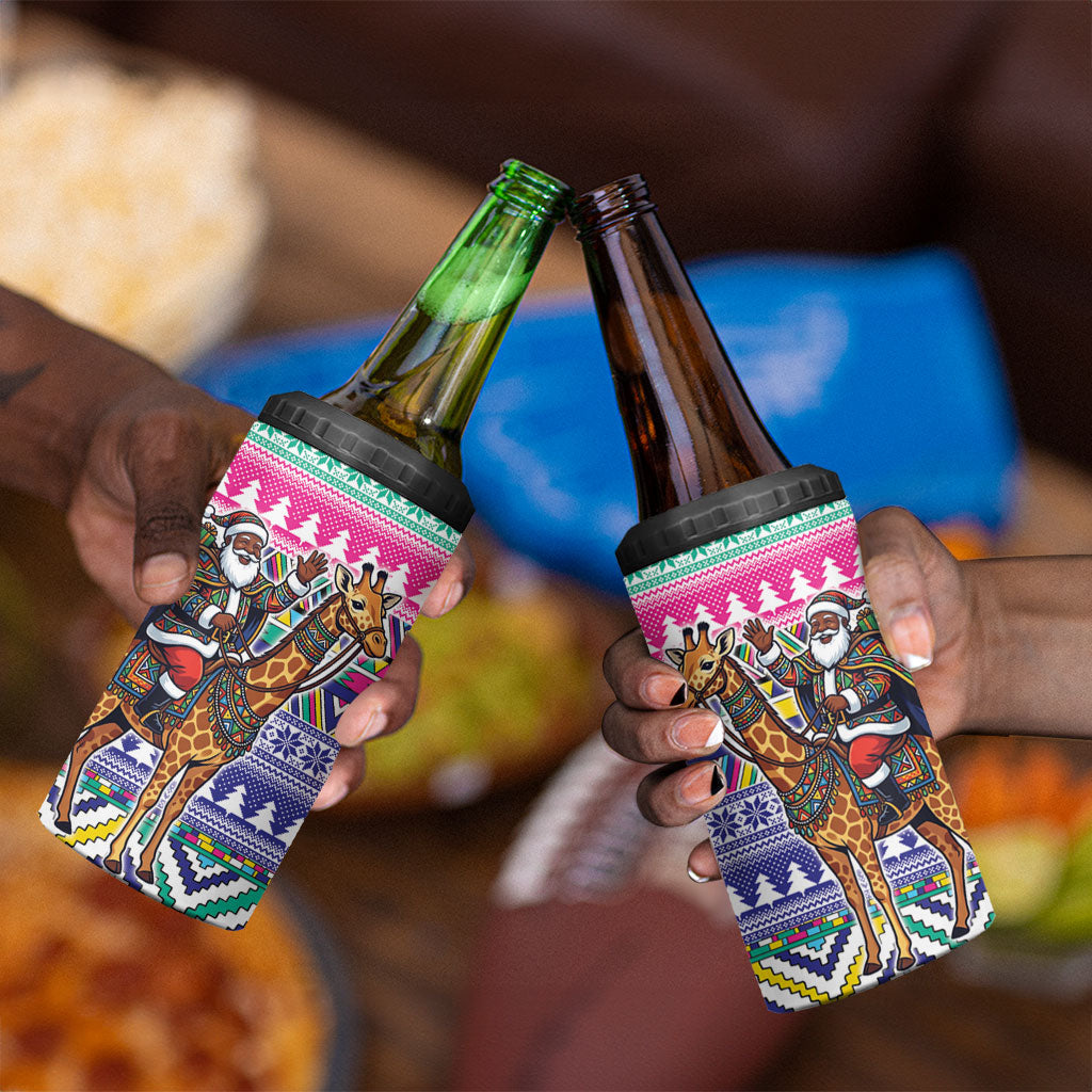 South Africa Christmas Santa Giraffe 4 in 1 Can Cooler Tumbler Ndebele Geometric Patterns
