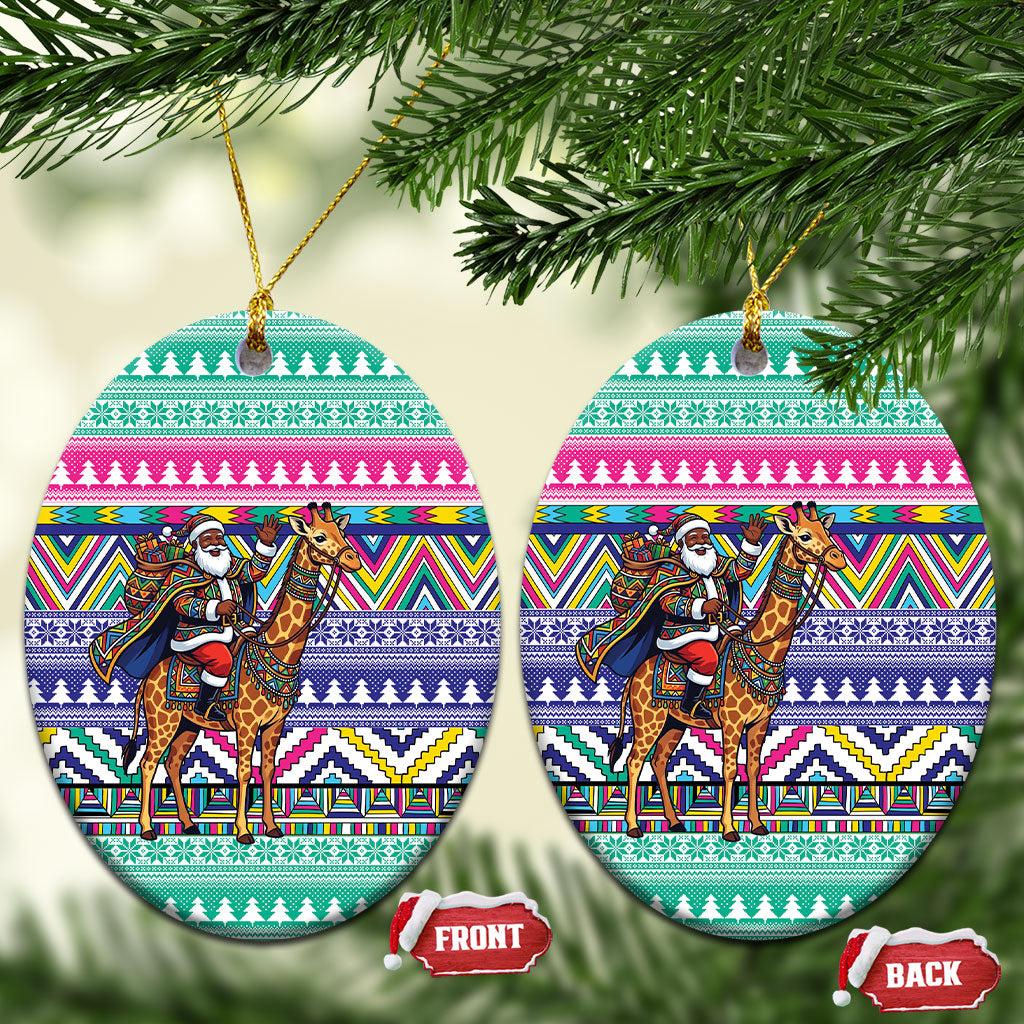 South Africa Christmas Santa Giraffe Ceramic Ornament Ndebele Geometric Patterns