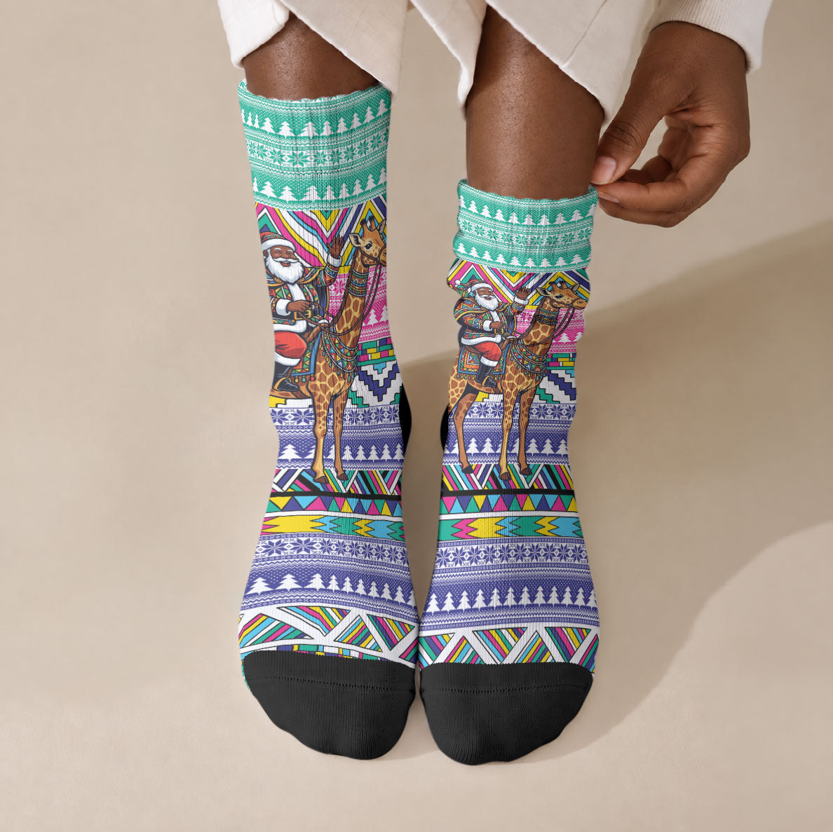 South Africa Christmas Santa Giraffe Crew Socks Ndebele Geometric Patterns