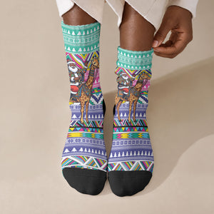 South Africa Christmas Santa Giraffe Crew Socks Ndebele Geometric Patterns