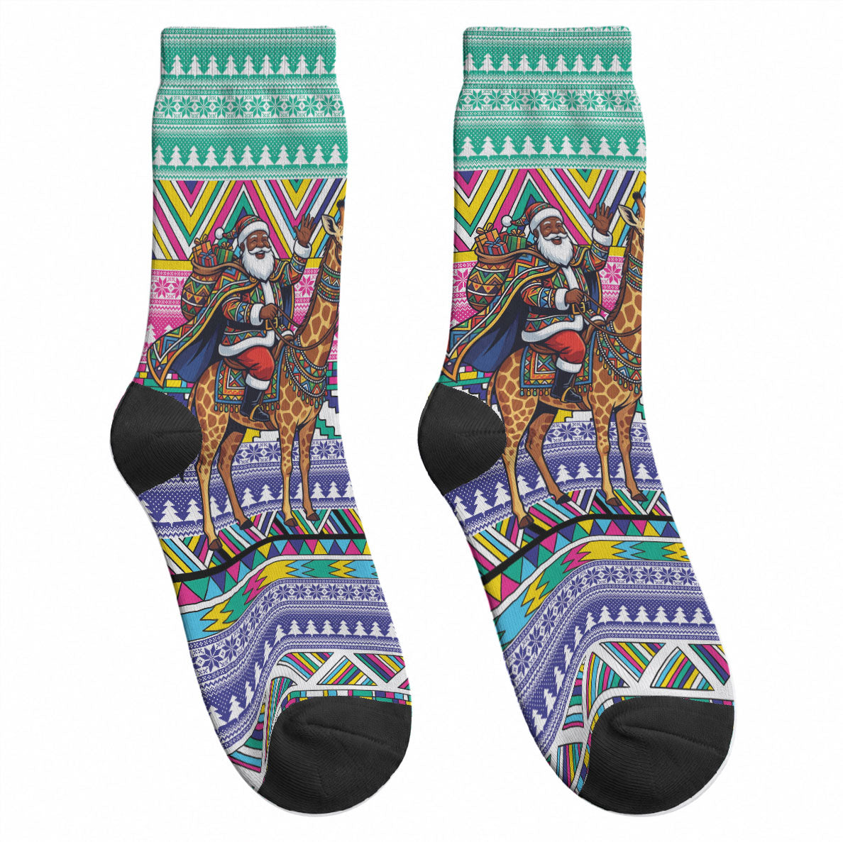 South Africa Christmas Santa Giraffe Crew Socks Ndebele Geometric Patterns
