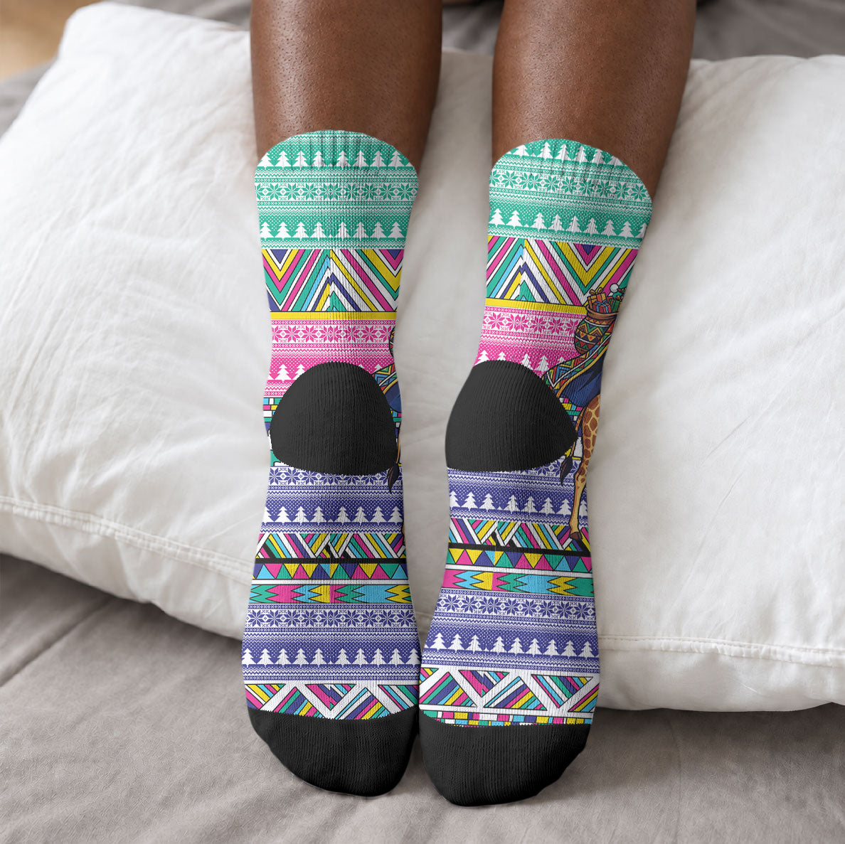 South Africa Christmas Santa Giraffe Crew Socks Ndebele Geometric Patterns