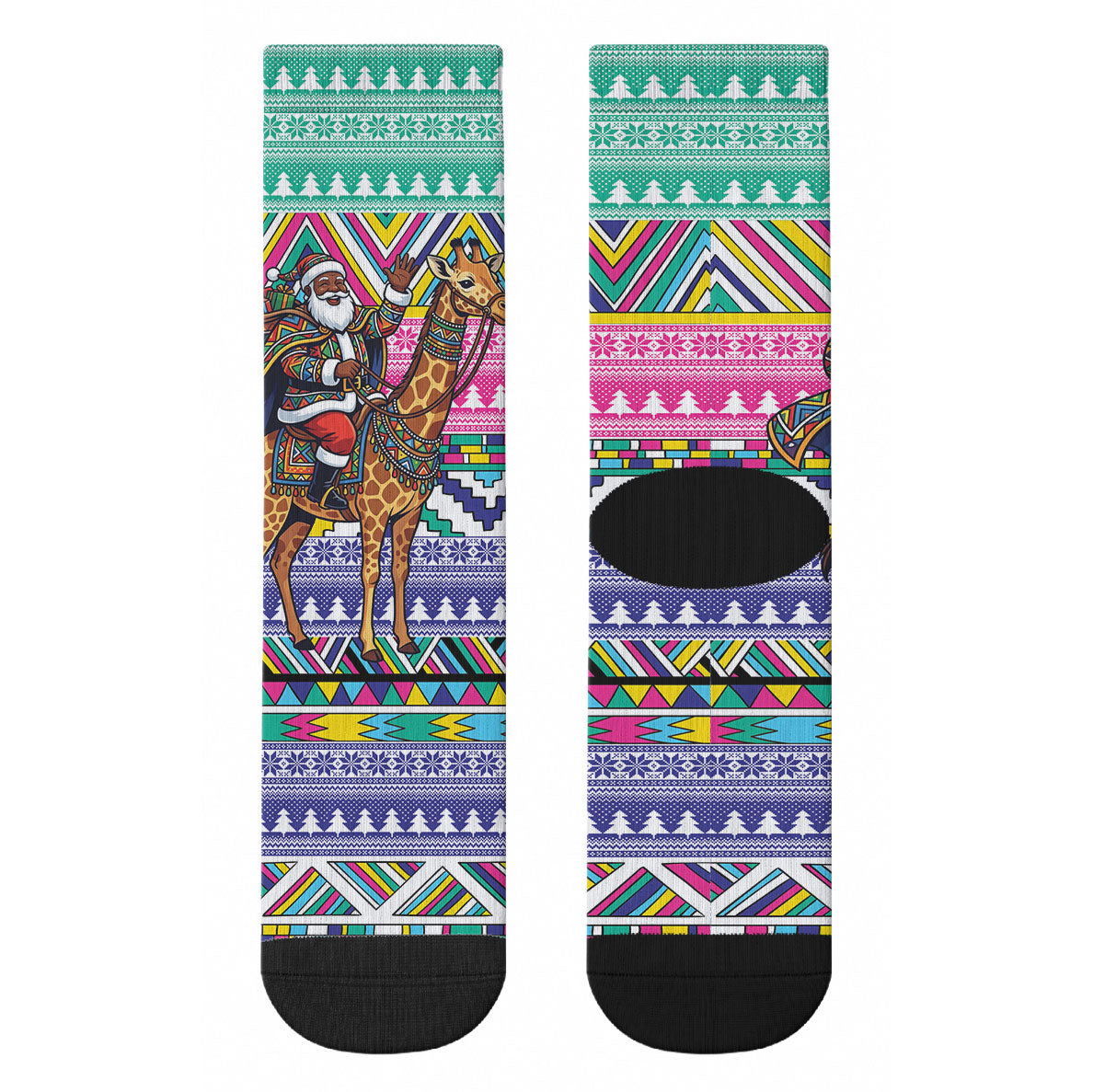 South Africa Christmas Santa Giraffe Crew Socks Ndebele Geometric Patterns