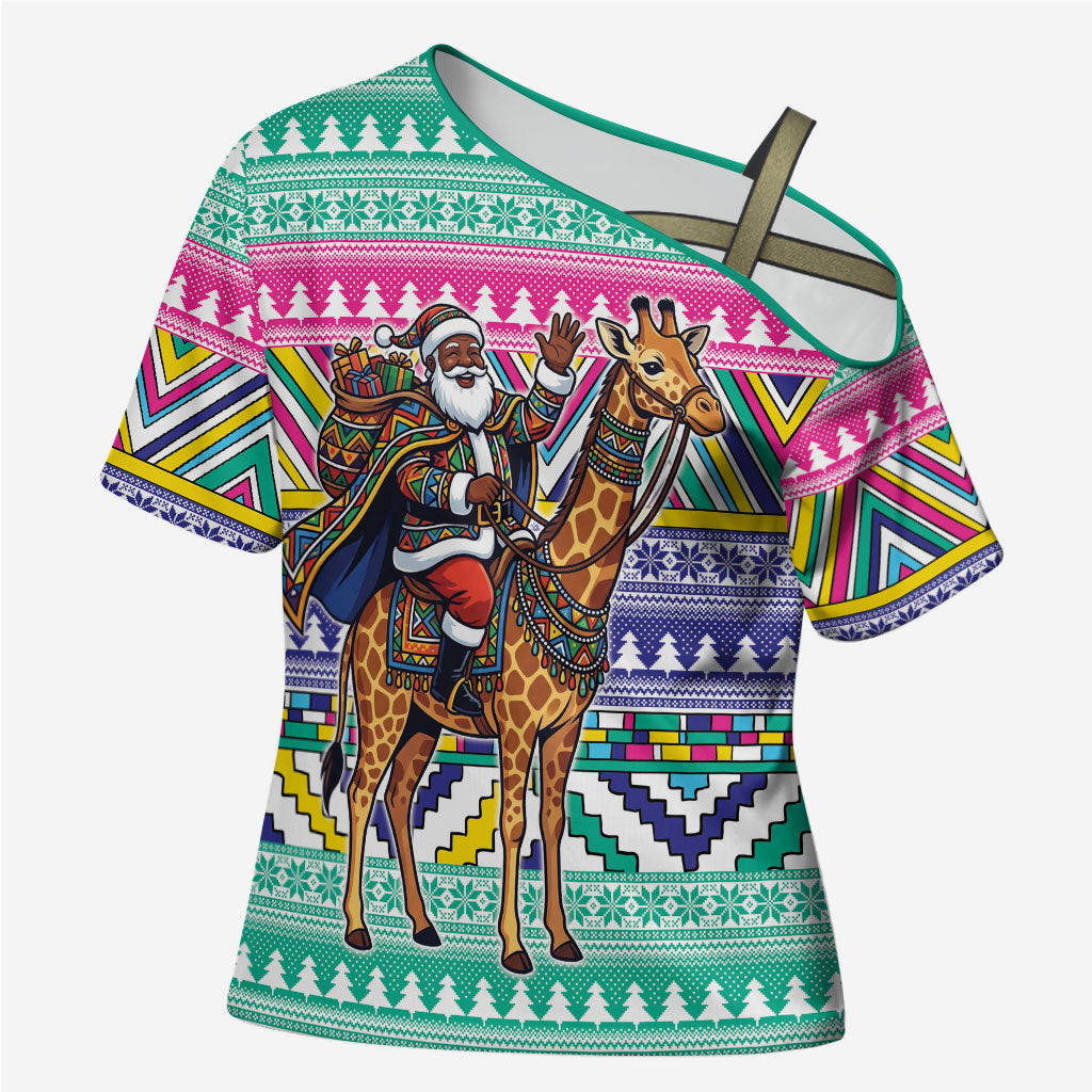 South Africa Christmas Santa Giraffe Cross Shoulder Shirt Ndebele Geometric Patterns