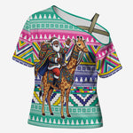 South Africa Christmas Santa Giraffe Cross Shoulder Shirt Ndebele Geometric Patterns