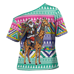 South Africa Christmas Santa Giraffe Cross Shoulder Shirt Ndebele Geometric Patterns