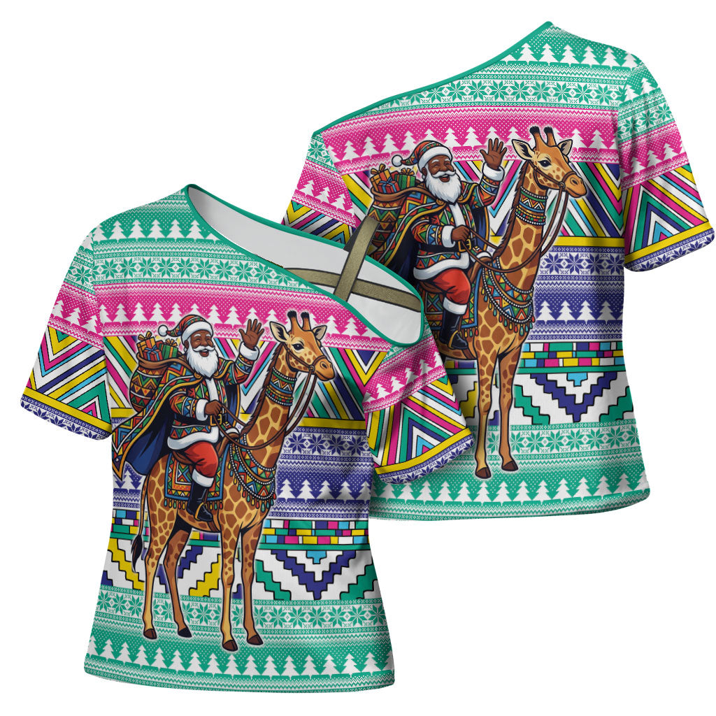 South Africa Christmas Santa Giraffe Cross Shoulder Shirt Ndebele Geometric Patterns
