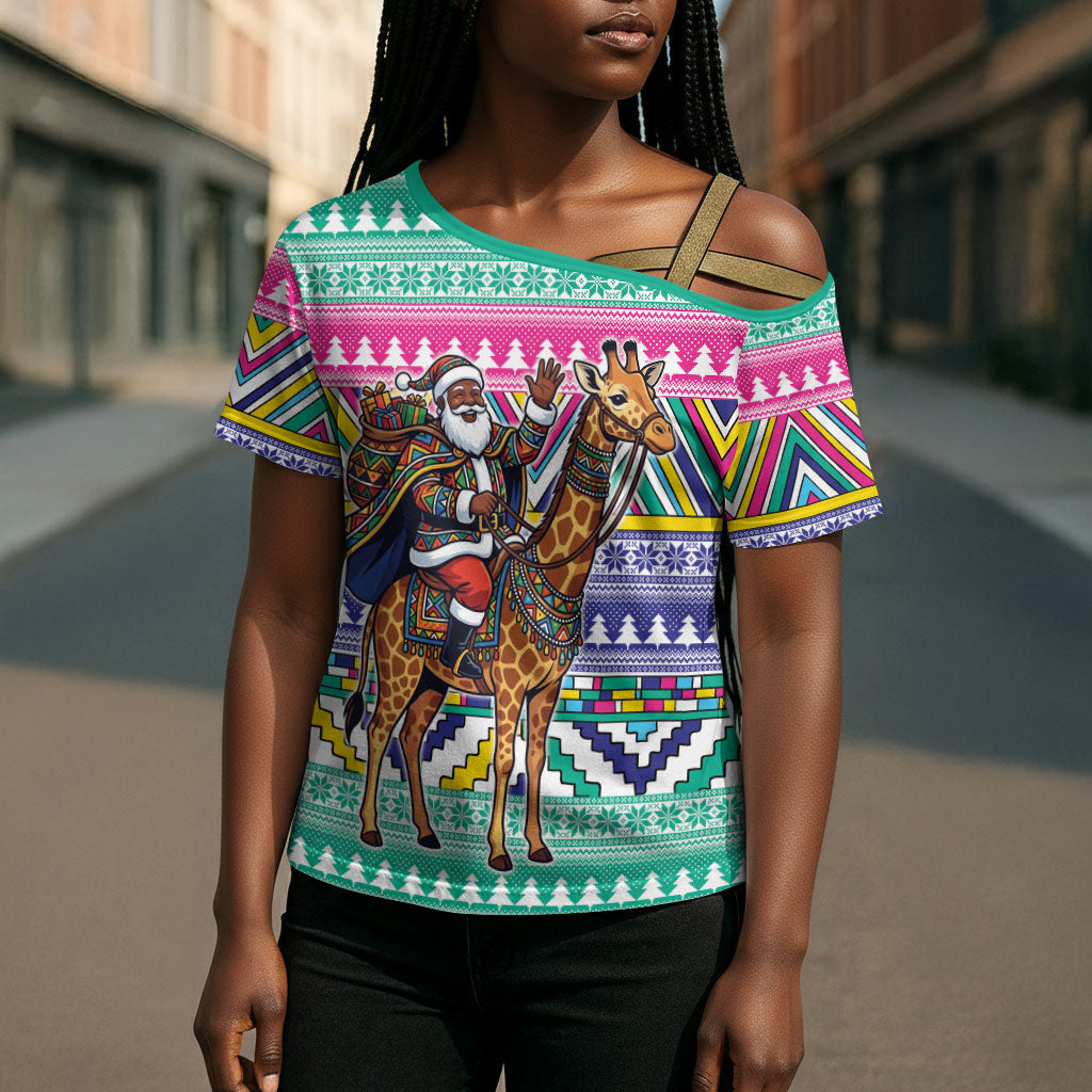 South Africa Christmas Santa Giraffe Cross Shoulder Shirt Ndebele Geometric Patterns