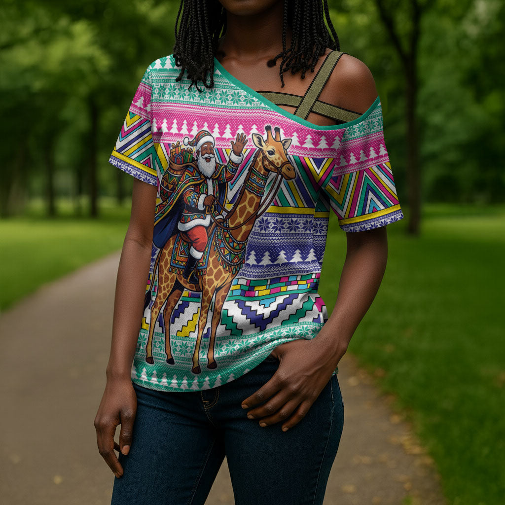 South Africa Christmas Santa Giraffe Cross Shoulder Shirt Ndebele Geometric Patterns