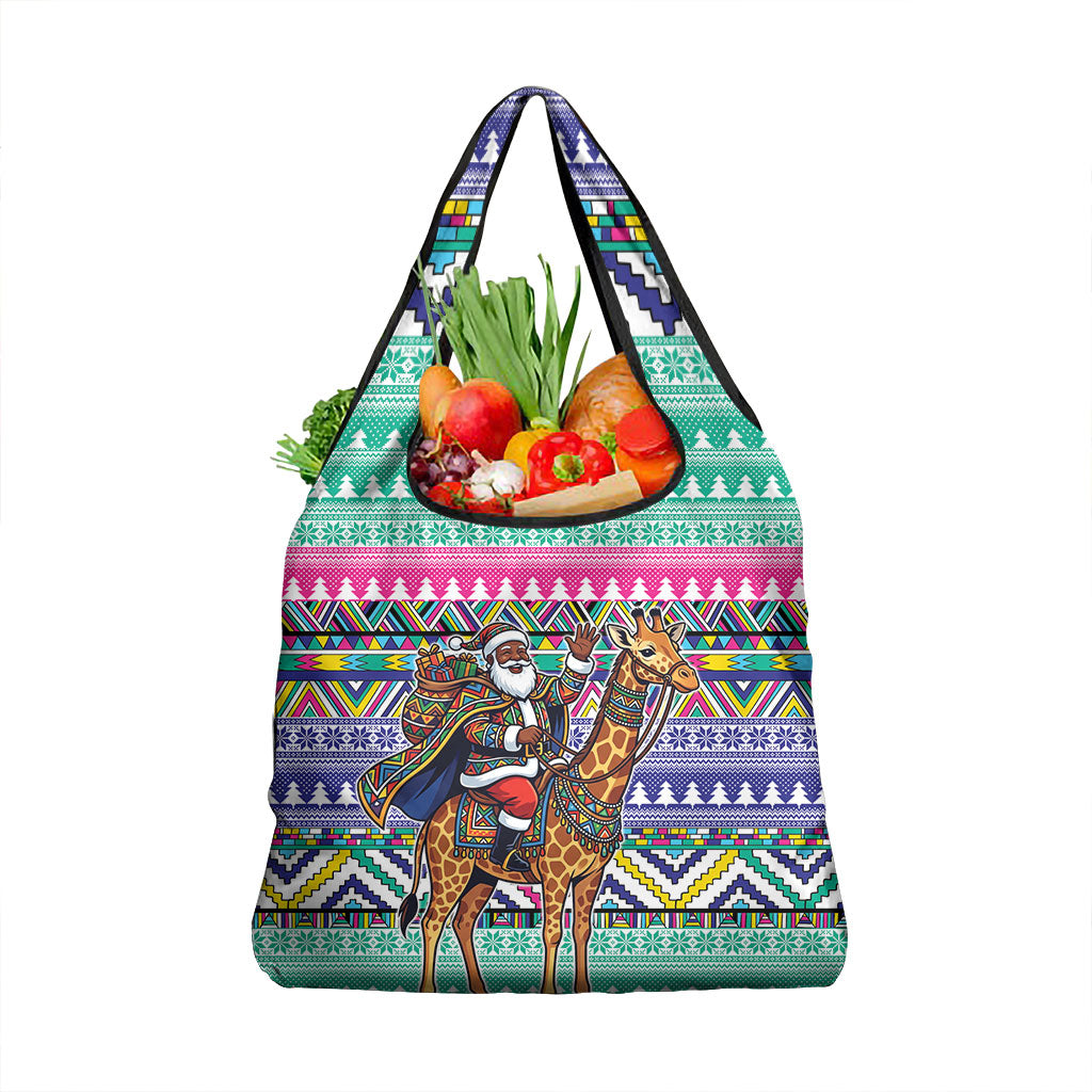South Africa Christmas Santa Giraffe Grocery Bag Ndebele Geometric Patterns