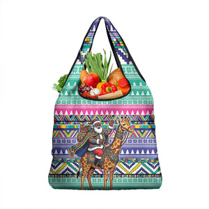 South Africa Christmas Santa Giraffe Grocery Bag Ndebele Geometric Patterns