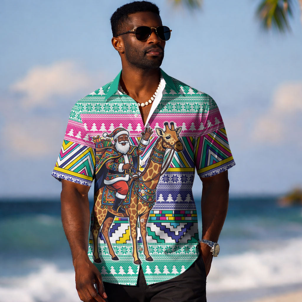 South Africa Christmas Santa Giraffe Hawaiian Shirt Ndebele Geometric Patterns