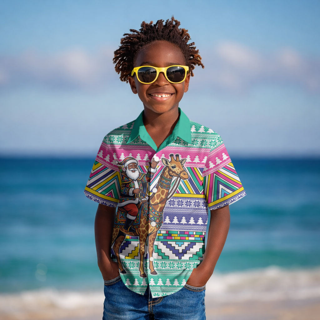 South Africa Christmas Santa Giraffe Kid Hawaiian Shirt Ndebele Geometric Patterns