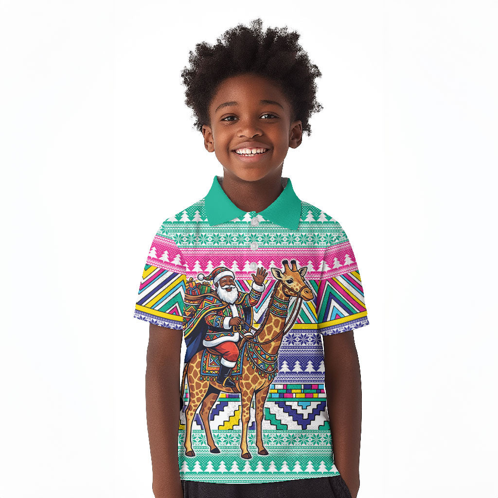 South Africa Christmas Santa Giraffe Kid Polo Shirt Ndebele Geometric Patterns