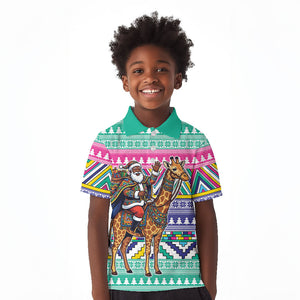 South Africa Christmas Santa Giraffe Kid Polo Shirt Ndebele Geometric Patterns