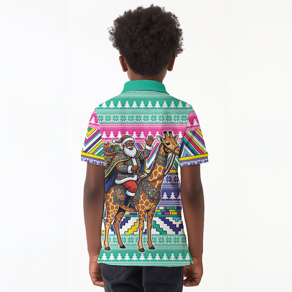 South Africa Christmas Santa Giraffe Kid Polo Shirt Ndebele Geometric Patterns