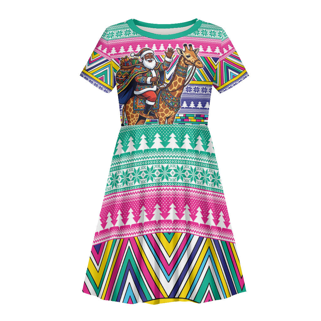 South Africa Christmas Santa Giraffe Kid Short Sleeve Dress Ndebele Geometric Patterns
