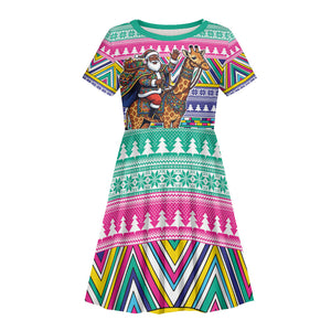 South Africa Christmas Santa Giraffe Kid Short Sleeve Dress Ndebele Geometric Patterns