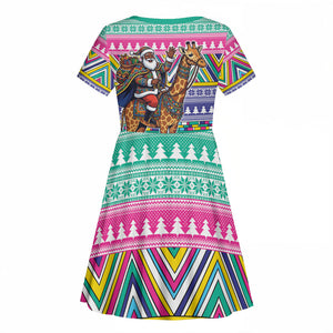 South Africa Christmas Santa Giraffe Kid Short Sleeve Dress Ndebele Geometric Patterns