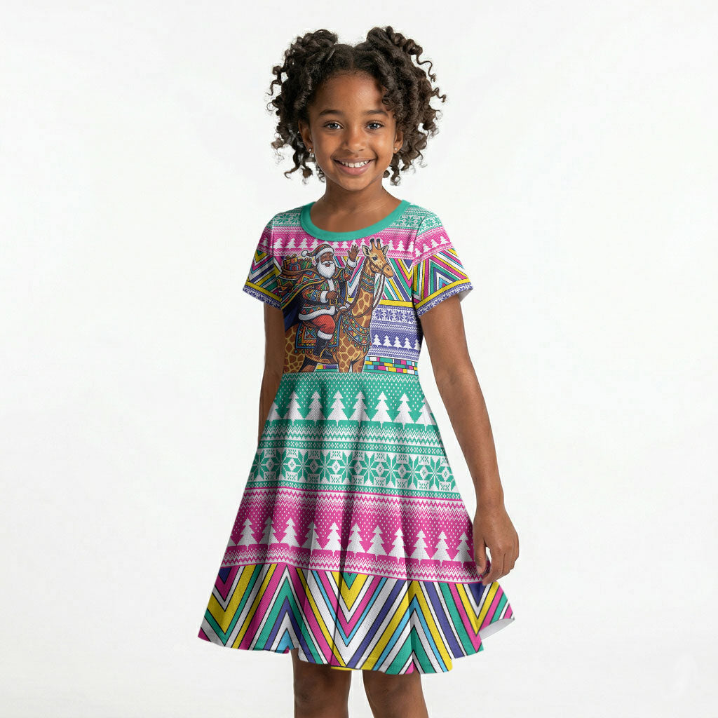 South Africa Christmas Santa Giraffe Kid Short Sleeve Dress Ndebele Geometric Patterns