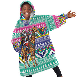 South Africa Christmas Santa Giraffe Kid Wearable Blanket Hoodie Ndebele Geometric Patterns