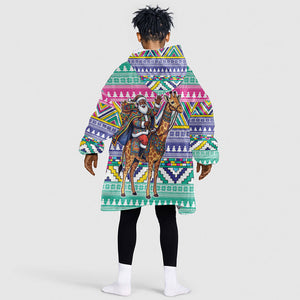 South Africa Christmas Santa Giraffe Kid Wearable Blanket Hoodie Ndebele Geometric Patterns