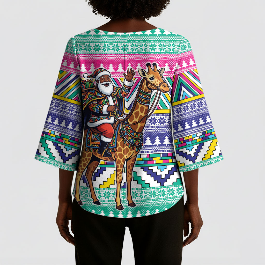 South Africa Christmas Santa Giraffe Kimono Sleeve Blouse Ndebele Geometric Patterns